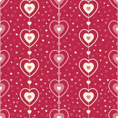 Seamless pattern of pink and cream hearts on strings surrounded by smaller hearts on a magenta background.
