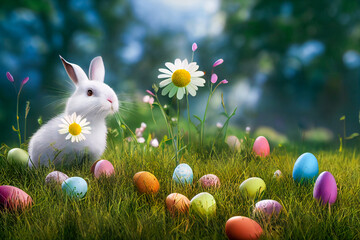 Fototapeta premium Decorated Easter Eggs In The Grass With Daisies. Image created with Generative AI technology.