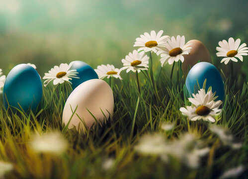 Decorated Easter Eggs In The Grass With Daisies.  Image created with Generative AI technology.