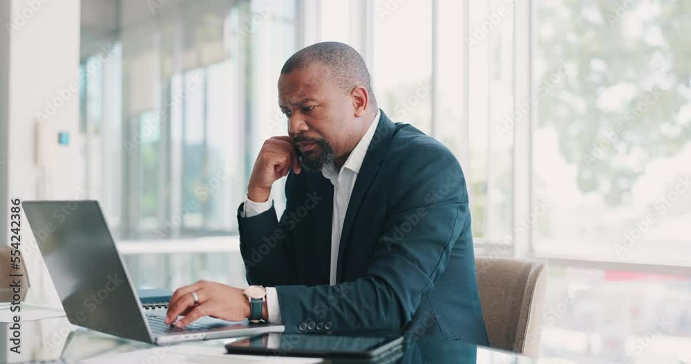 Poster Businessman, laptop and typing report online, reading email communication or working on internet. Ceo, black man and startup manager search website or data analytics on digital tech device in office