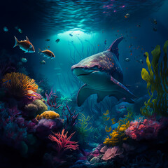 Underwater predator scene. Coral reef, colorful fish groups, shark in a dark ocean water. Generative AI underwater life illustration.