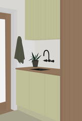 Vector flat image of a kitchen in a modern style. Lovely kitchen in light green tones with a black sink. Design for postcards, posters, textiles, banners, templates, backgrounds.