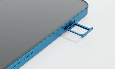 SIM card tray slot with smart phone on white background. SIM stores international mobile number.communication technology.3D rendering illustration.