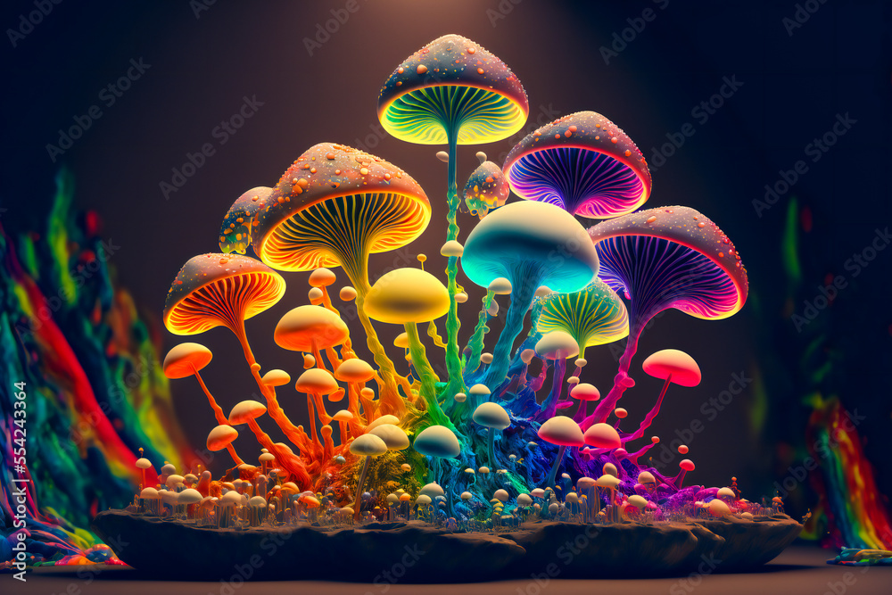 Wall mural psychedelic decorative mushrooms. image created with generative ai technology.