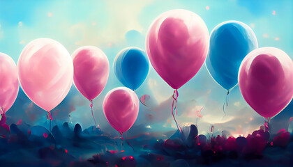 Purple, blue and pink party balloons background. Festive party background. Generative AI illustration of ballon party celebration. Design element for greeting card.