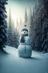 Fototapeta premium Smiling snowman outdoors on winter day. Image created with Generative AI technology.