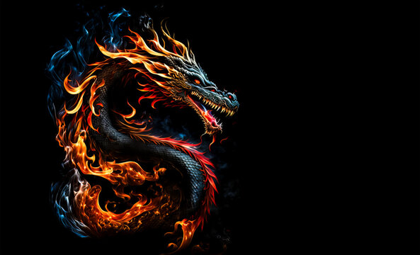 Fire dragon head on a black background. Generative AI Illistration of ancient dragon on black background. Dragons background. Place for text.