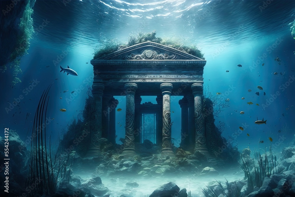 Wall mural Submerged in the sea, a prehistoric temple with a stone altar. Generative AI