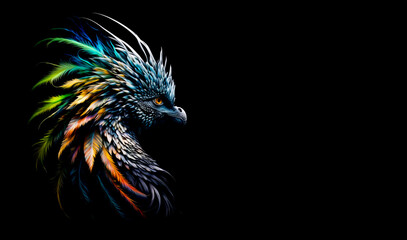 Obraz premium Feather dragon head with on a black background. Quetzalcoatl dragon. Generative AI Illistration of ancient dragon on black background. Dragons background. Place for text.