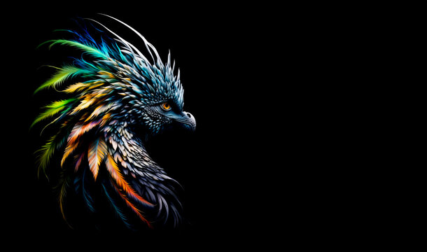 Feather dragon head with on a black background. Quetzalcoatl dragon. Generative AI Illistration of ancient dragon on black background. Dragons background. Place for text.