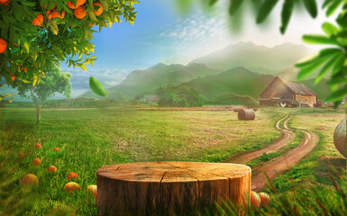 Tree trunk wood Podium display for food, perfume, and other products on nature background, farm with grass and Orange tree, Sunlight at morning	
