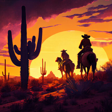 Silhouette of cowboy riding horse at sunset in desert with cactus. Generated AI