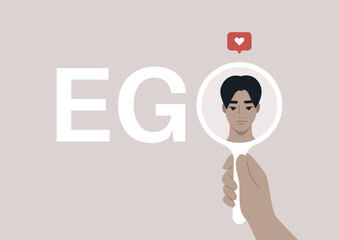 A male Asian character looking at themselves in the mirror, Ego concept, self love and acceptance