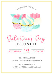 Galentine's Day party invitation template. Beautiful background with creamy cupcakes. Vector 10 EPS.