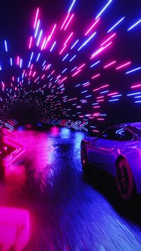 A sports car rushes through a neon tunnel with direction signs. Vertical looped video