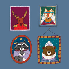 Animal portrait gallery vector illustrations set.