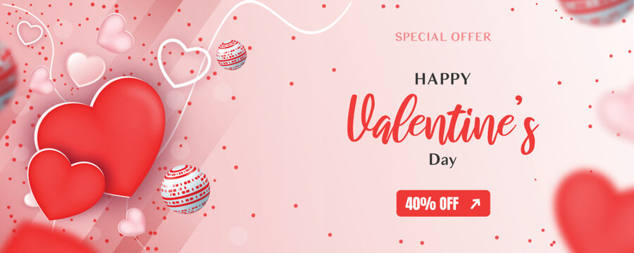  14 February happy Valentine day sale banner with red heart shapes. Vector Illustration 