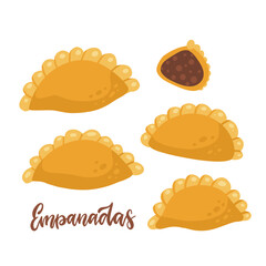 Set of empanadas food design. Whole and half. Hand drawn vector flat illustration. Latin American snack.