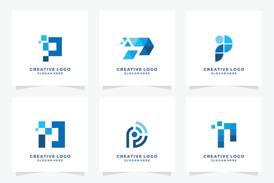Set of creative letter p logo design templates. logotypes for business of technology, digital, simple.