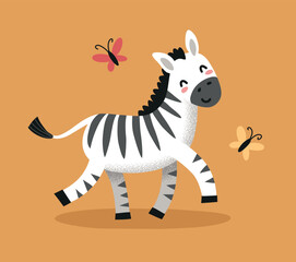 Fototapeta na wymiar Cute funny running zebra vector illustration with butterflies 