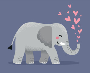 Cute happy elephant vector illustration. Baby shower greeting card, baby room or nursery decor poster.