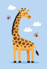Cute happy giraffe vector illustration with clouds and butterflies on blue background.