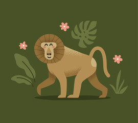 Cute happy baboon character vector illustration. Monkey in a jungle poster, print.