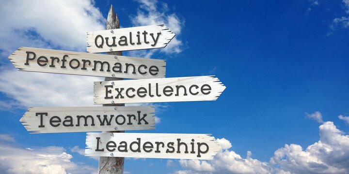 Quality, performance, excellence, teamwork, leadership - wooden signpost with five arrows