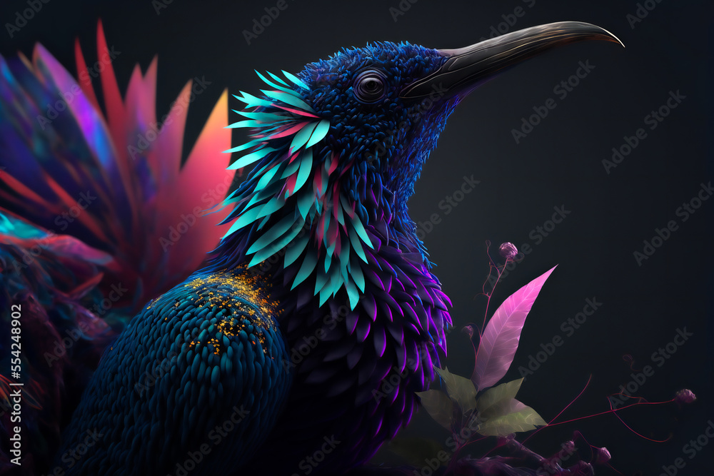 Wall mural colored abstract bird of paradise on a black background. image created with generative ai technology