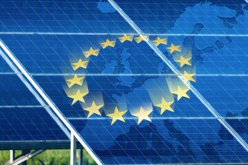 Official European Union flag and solar panels background