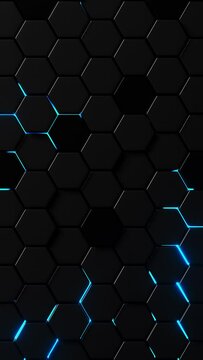 Moving hexagons illuminated in blue light. Vertical looped video