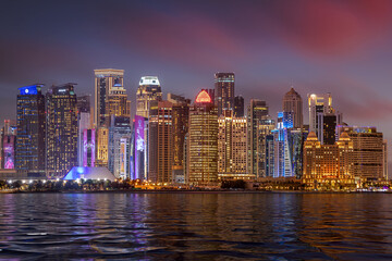 Beautiful Panoramic Doha Skyline at sunset time