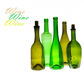 Five wine bottles isolated on white background.