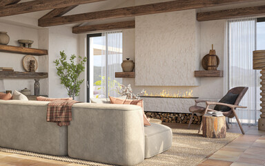 Wabi sabi living room interior. Interior mockup, 3d render	