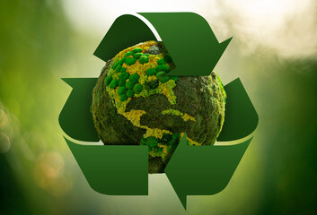 Green planet Earth with recycling symbol. Concept - obrazy, fototapety, plakaty
