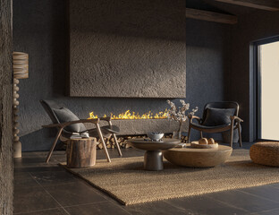 Minimalist living room interior with dark walls and modern fireplace. Interior mockup, 3d render	