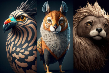 A group of portraits andromorphic animals, influencers of unique style. Cute and different. Generative AI