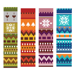 Four different pattern for wrapping paper, book divider, pattern for socks, ethnic motifs for a knitted sweater.