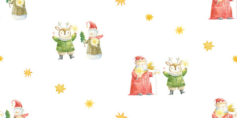 funny endless pattern, seamless wallart with winter holidays, santa, smonam, deer, christmas design and print