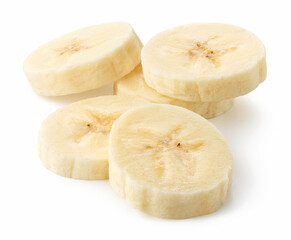 Stack of banana slices on white background