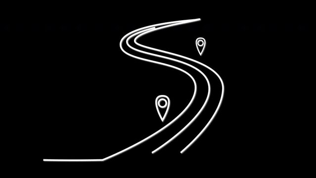 Road, location points self drawing animation. Line art. Black background.