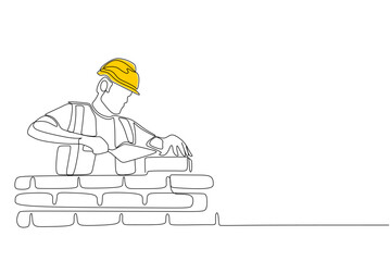 Continuous one line drawing Construction worker lay clay bricks to form building walls at the construction site. Construction and building concept. Single line draw design vector graphic illustration