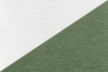 Texture of craft white and green paper background, half two colors, macro. Structure of vintage...