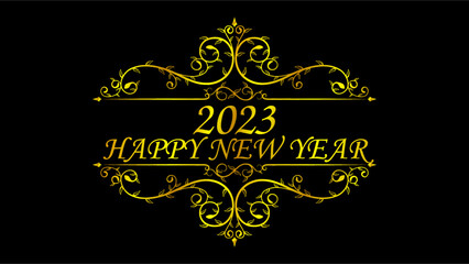 Happy New Year 2023. Golden text with floral ornament isolated on a black background. Suitable for greeting card, banner, poster