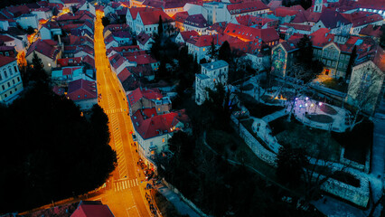 Aerial view of Zagreb street at night . 