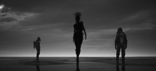 Smoke Shadow Spirit Silhouette Large Mysterious Woman Walking Across a Beach Men in Hazmat Suit Gloom White an Black Horror Sci-Fi 3d illustration render