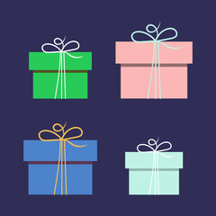Merry christmas and Happy New Year. Green, Blue and Pink Gifts boxes.