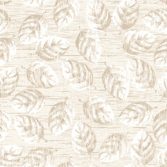 Fototapeta na wymiar Seamless woven linen texture background with pink leaf pattern.Print for textile, fabric, wallpaper, wrapping paper.