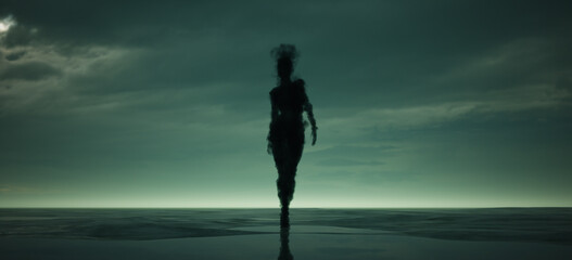 Smoke Shadow Spirit Silhouette Large Mysterious Woman Walking Across a Beach Gloom Horror Sci-Fi 3d illustration render	