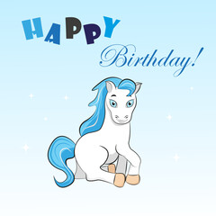 Happy birthday card with a cute pony with a blue gradient. Vector illustration